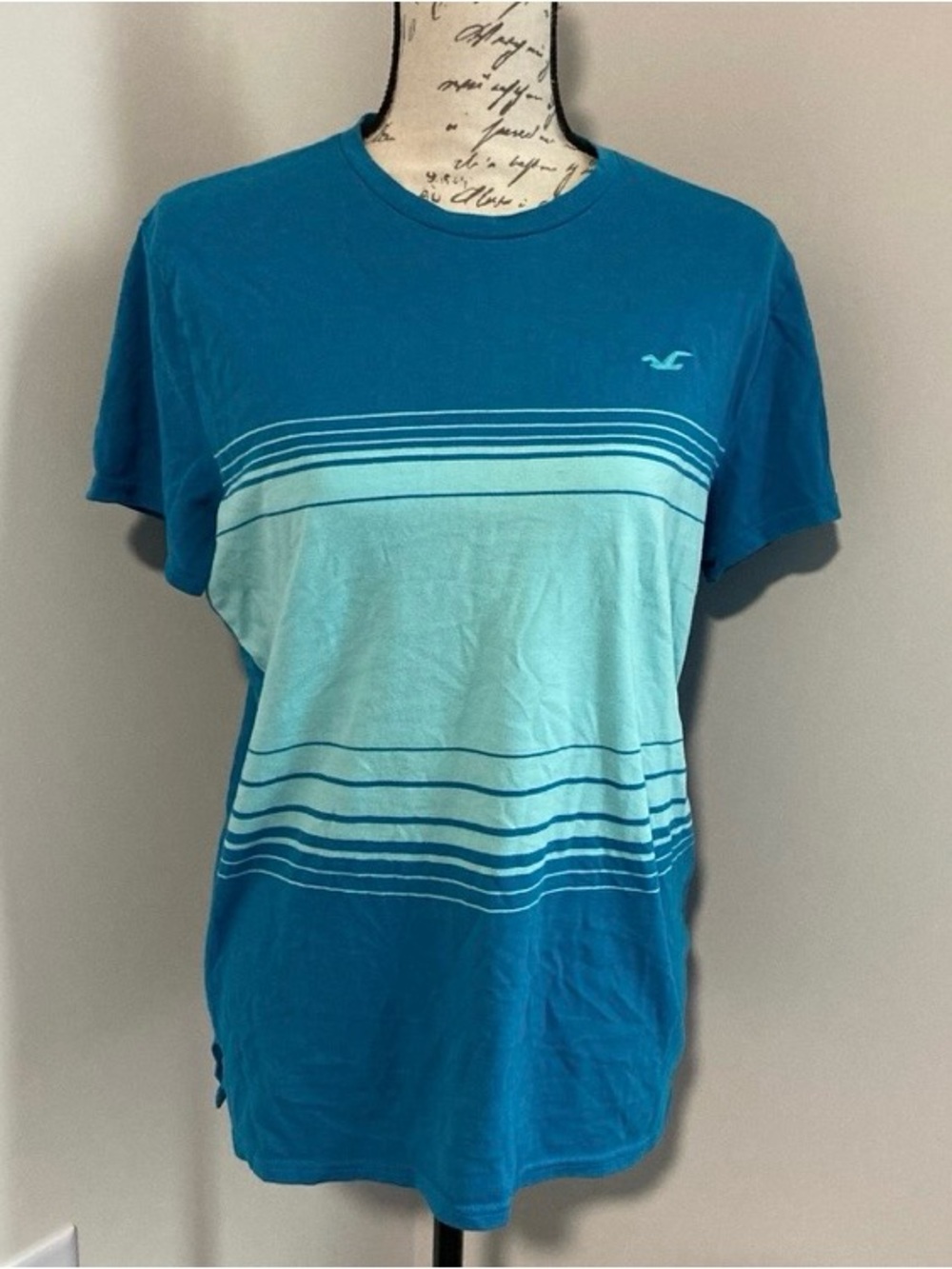 Vintage Hollister Teal and Light Teal Striped Crew Neck T-Shirt Size S